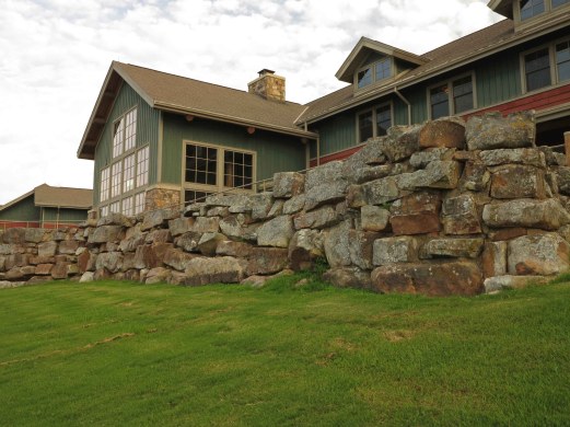 Portion of Lodge at Mt. Magazine and Skycrest Restaurant above 1940 WPA stone wall